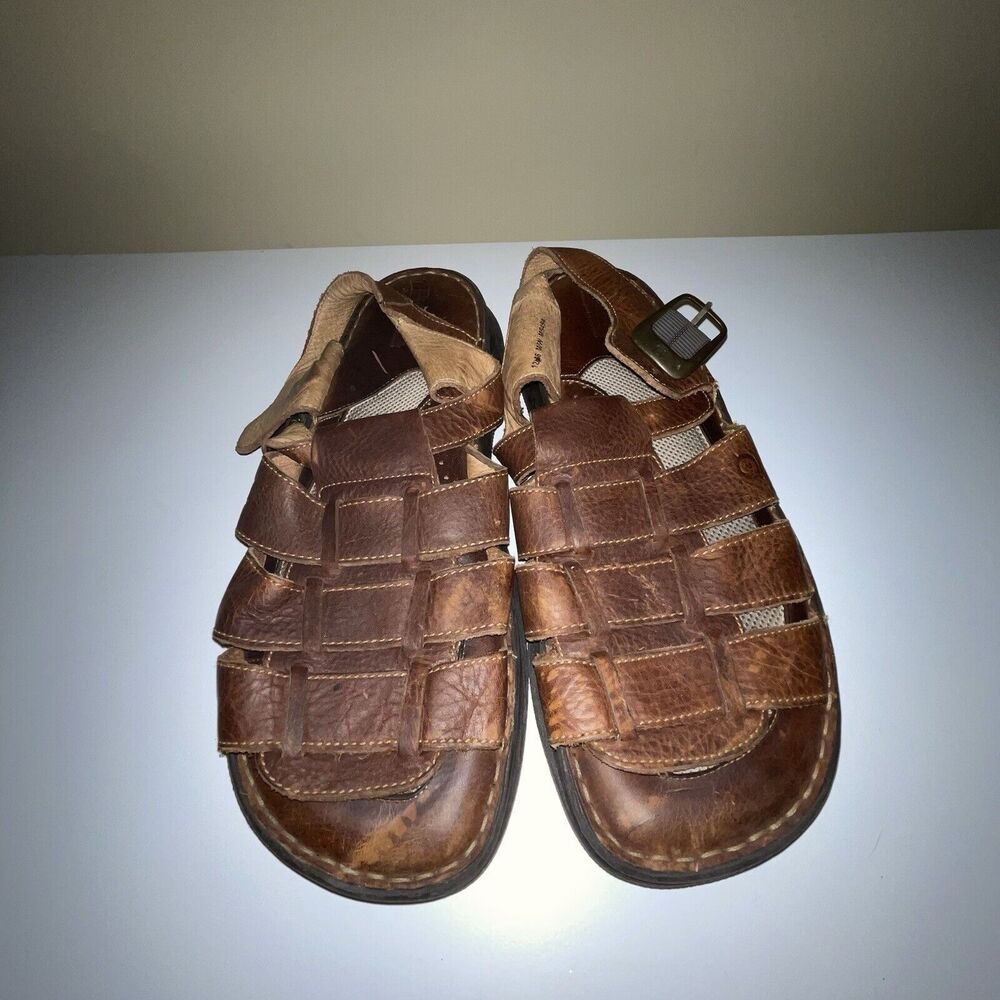 Born Sandals Mens 12 Fisherman Buckle Strap Flats M5494 Brown Leather Casual